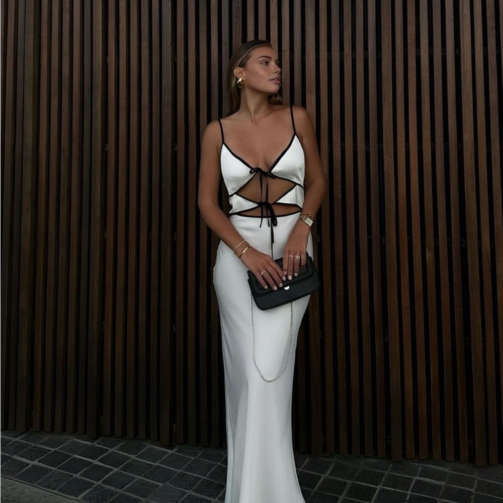 Commense NEW! Semi Sheer Contrast Trim Tie Front White Black Long Dress